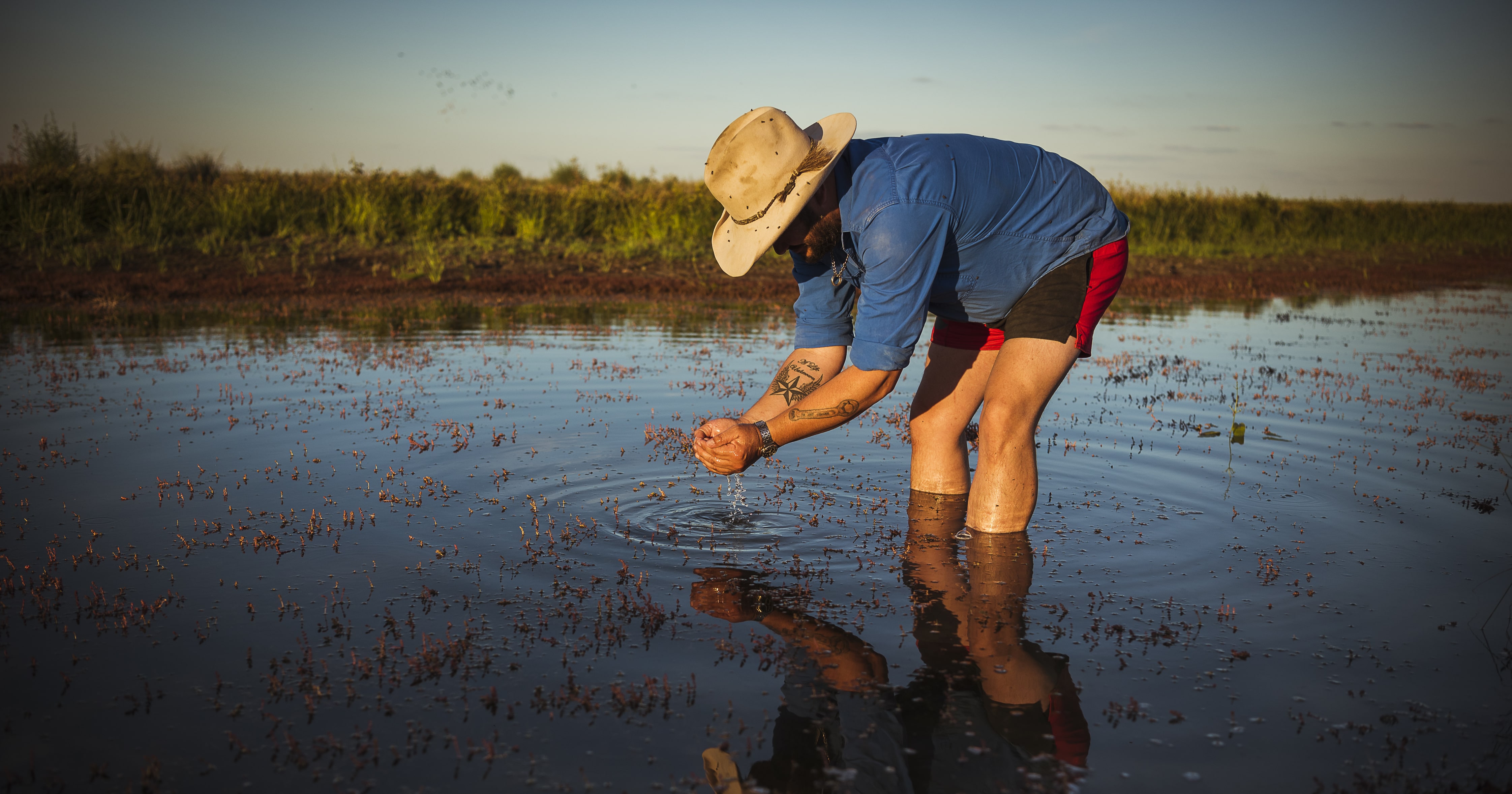 Farmer scooping water with his hands