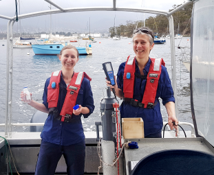 Derwent Estuary Program scientists Dr Bernadette Proemse (left) and Inger Visby (right) measuring water quality in the Derwent Estuary, Tasmania. (Photo from Derwent Estuary Program)