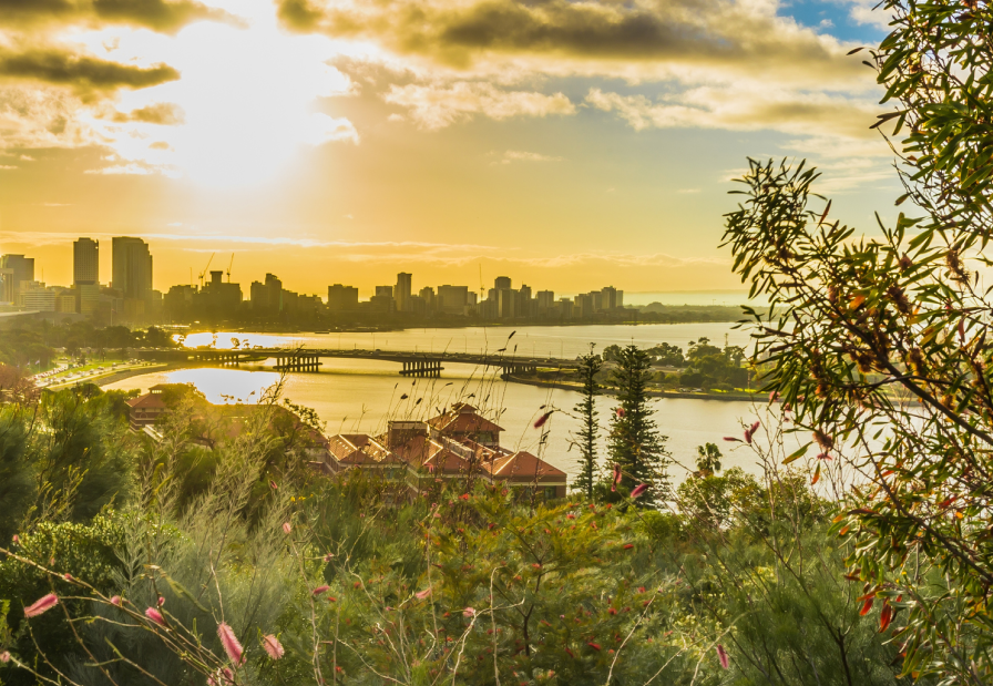 Sunrise of Perth City view at Kings Park and Botanic Garden on Mount Eliza, Perth (Photo from Getty Images)