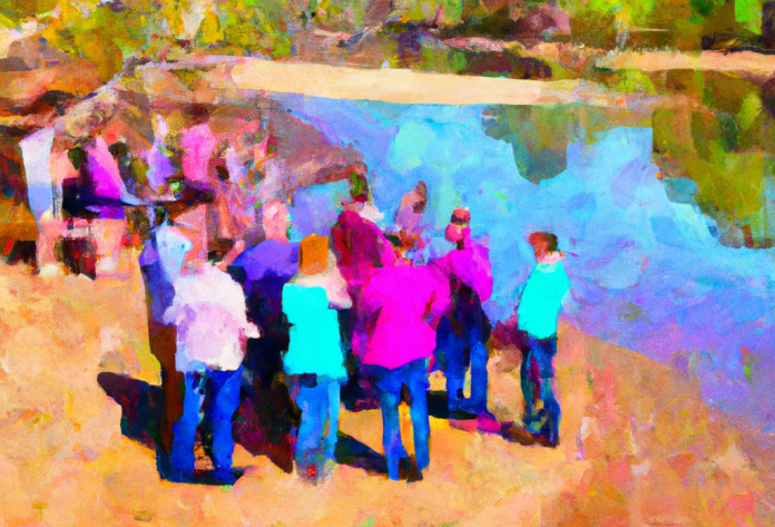 An AI generated painting of a group of people deliberating over a map by a river in Australia